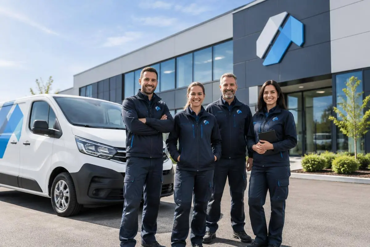 Bedrijfspand met gevelreclame, bestickerde bus en medewerkers in bedrijfskleding
