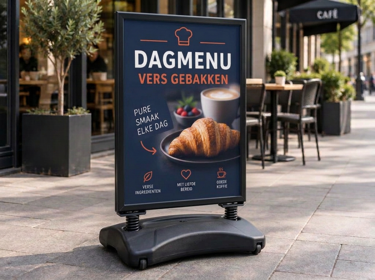 Premium stoepbord met watertank — Kant-en-klare set: stoepbord, watertank en bedrukte poster